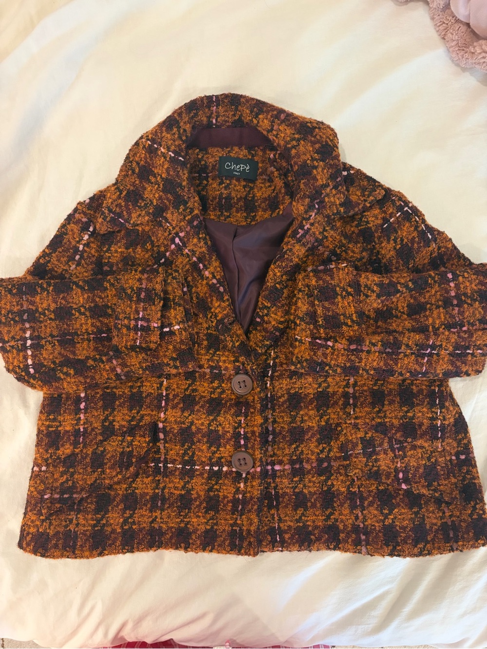 Vintage Chepe Women's Tweed Plaid Jacket in Rust & Brown
